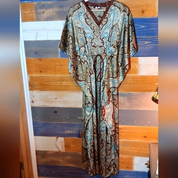 Vintage Pinnacle robe/kimono style nightgown M Brown and blue - Picture 1 of 6
